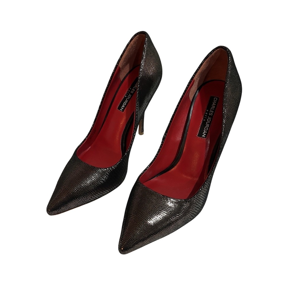 Charles Jourdan Paris Clare II Embossed Black Leather Metallic Pumps‎ Sz 7.5